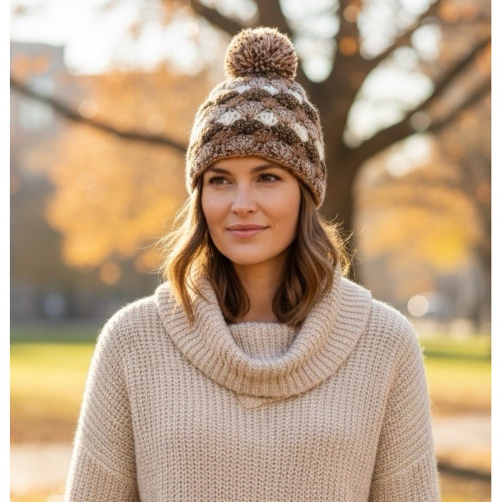 Micci New York Hat Beanie Bobble Womens One Size Brown Crochet Hippie Boho